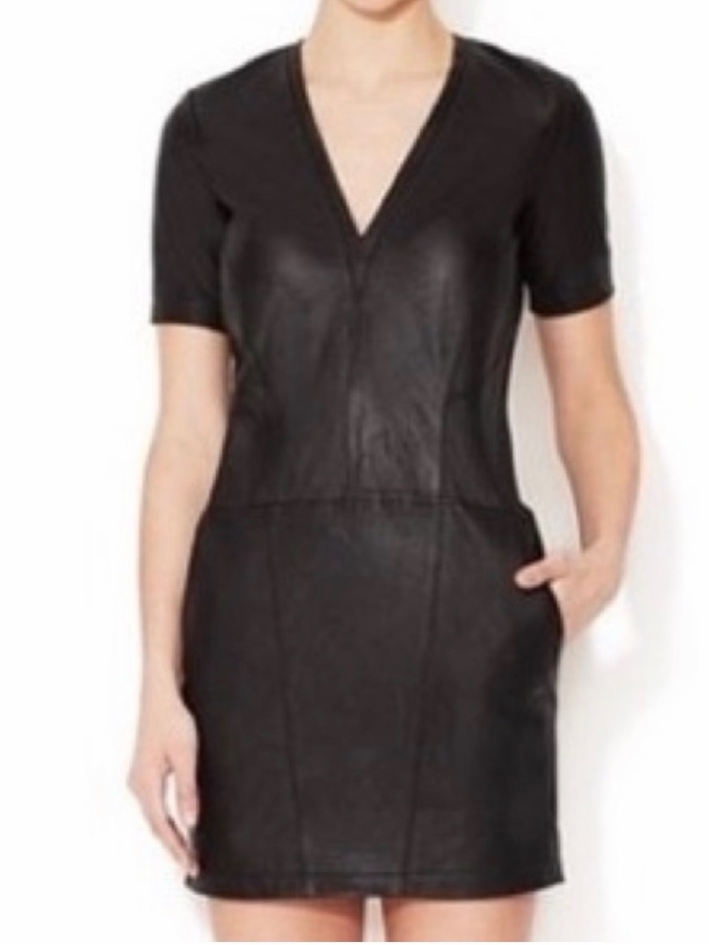 Helmut Lang Black Short-Sleeve V-Neck Leather Mini Dress